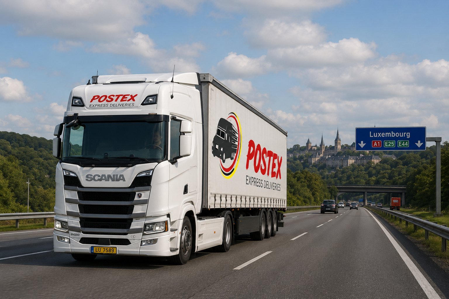 Camion PostEx aux couleurs de l’entreprise sur l’autoroute vers Luxembourg